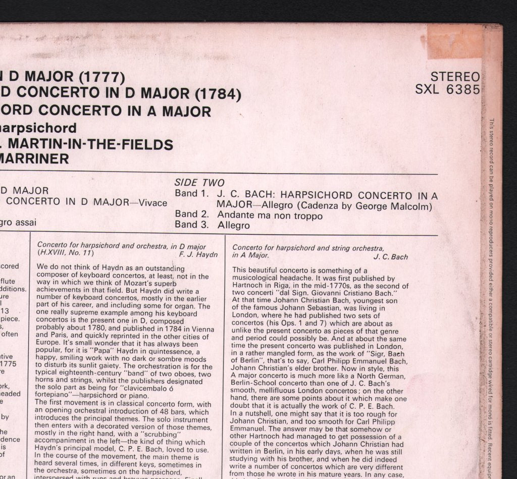 George Malcolm / Academy Of St. Martin-in-the-Fields - Haydn / J.C. Bach - Harpsichord Concertos - Lp
