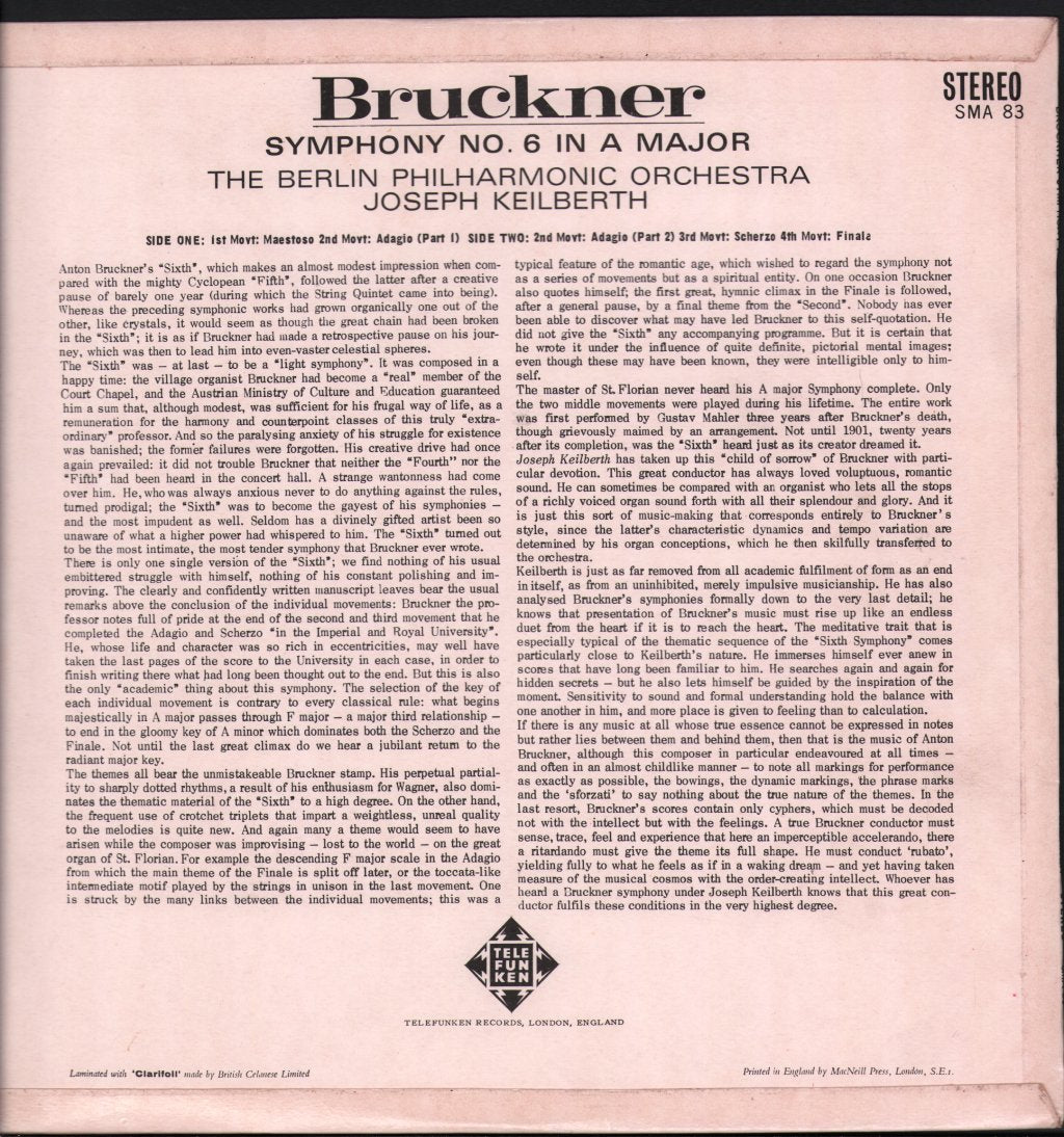 Joseph Keilberth / Berlin Philharmonic Orchestra - Bruckner - Symphony No. 6 In A Major - Lp