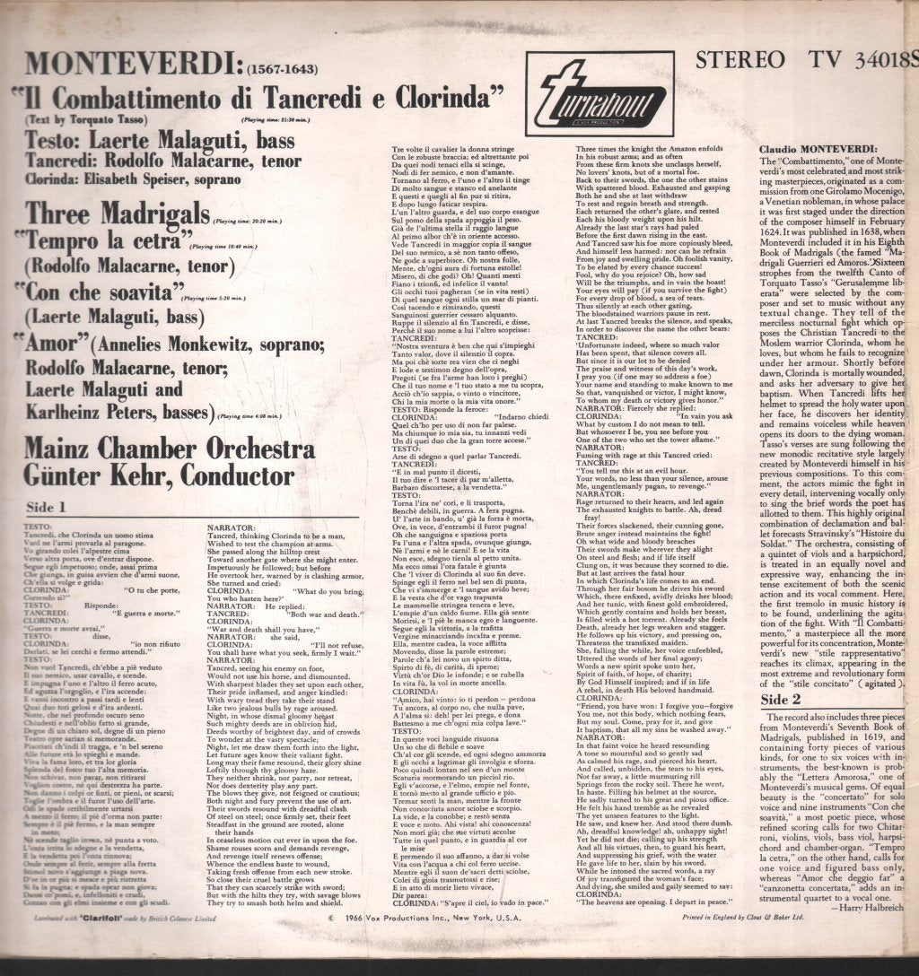 Mainz Chamber Orchestra / Gunter Kehr - Monteverdi - Il Combattimento Di Tancredi E Clorinda / Three Madrigals - Lp