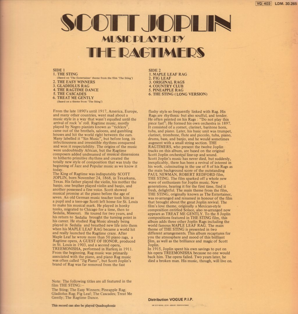 Ragtimers - Scott Joplin Music Played By - Lp