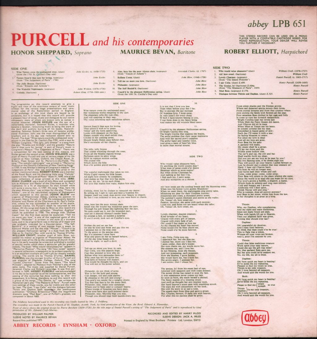 Purcell And His Contemporaries - A Recital Of Songs And Duets - Lp
