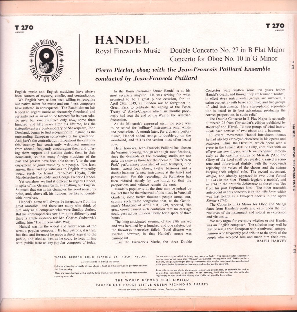Georg Friedrich Händel - Royal Fireworks Music Double Concerto In B Flat Major Oboe Concerto In G Minor - Lp