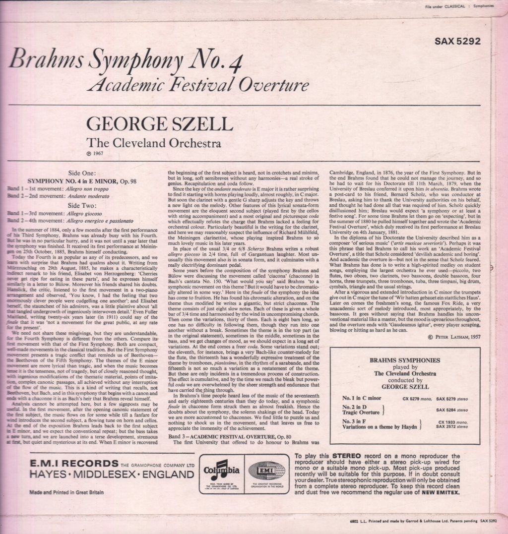 Cleveland Orchestra - Brahms Symphony No. 4 - Lp