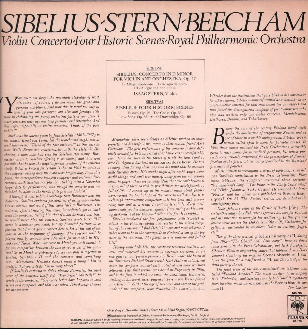 Sir Thomas Beecham / Isaac Stern / Royal Philharmonic Orchestra - Sibelius Violin Concerto / Four Historic Scenes - Lp