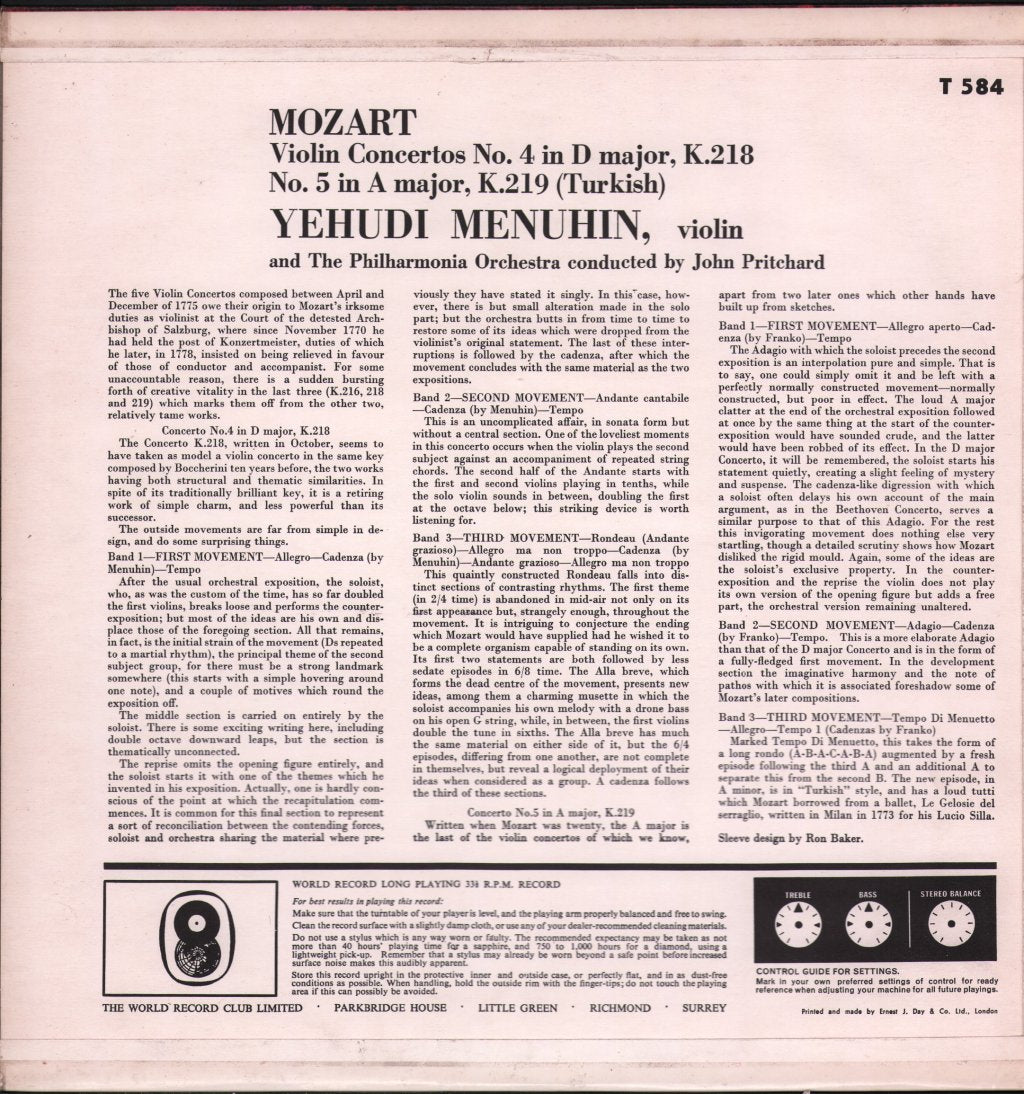 Yehudi Menuhin / John Pritchard / Philharmonia Orch. - Mozart - Violin Concertos No.4 In D K218 / No.5 In A - Lp