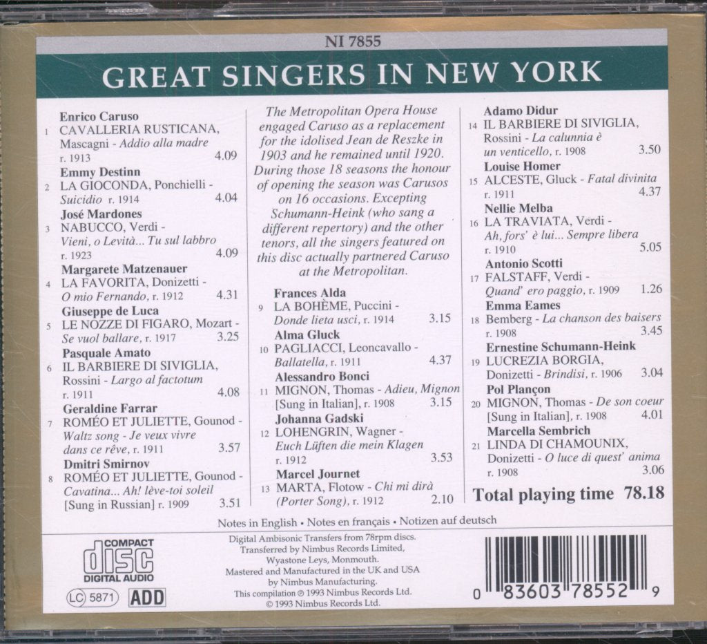 Various Artists - Great Singers In New York - The Age Of Caruso - Cd