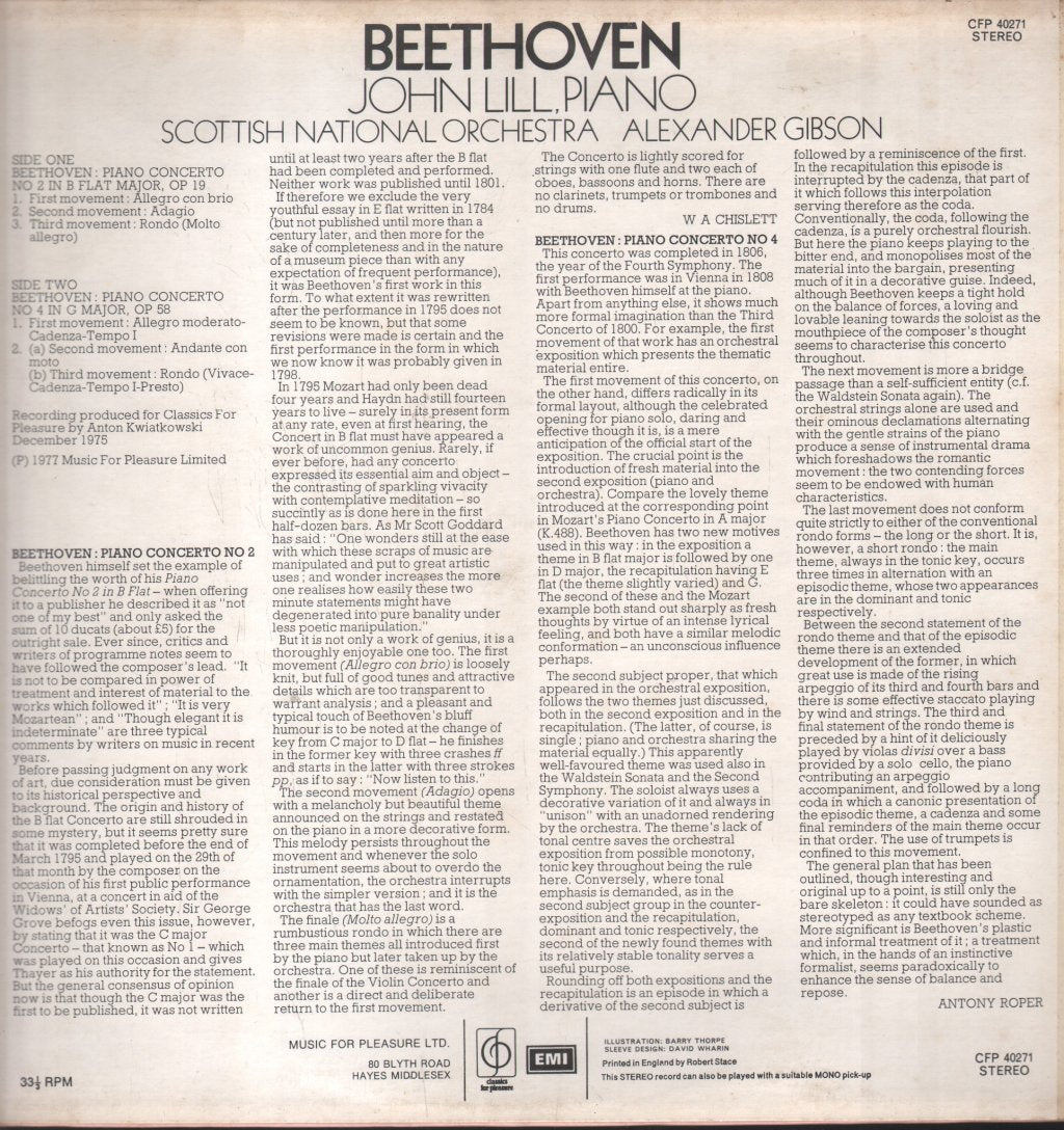 John Lill / Alexander Gibson / Scottish National Orchestra - Beethoven - Piano Concertos No. 2 & No. 4 - Lp