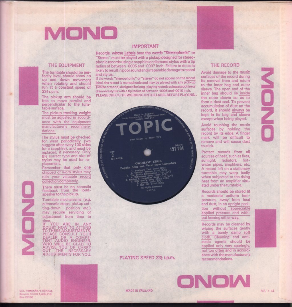 Owdham Edge - Popular Song And Verse From Lancashire - Lp