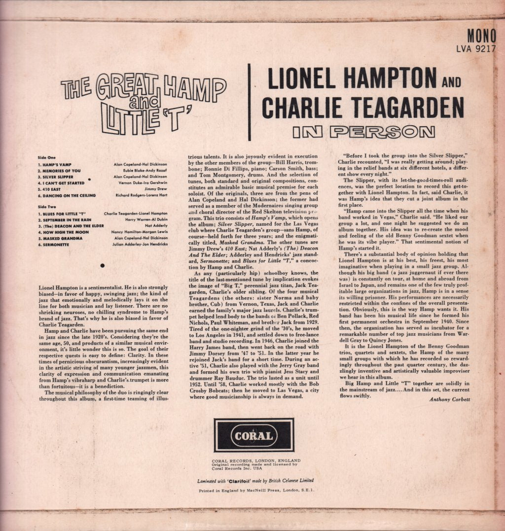 Lionel Hampton And Charlie Teagarden - Great Hamp And Little 'T' - Lp