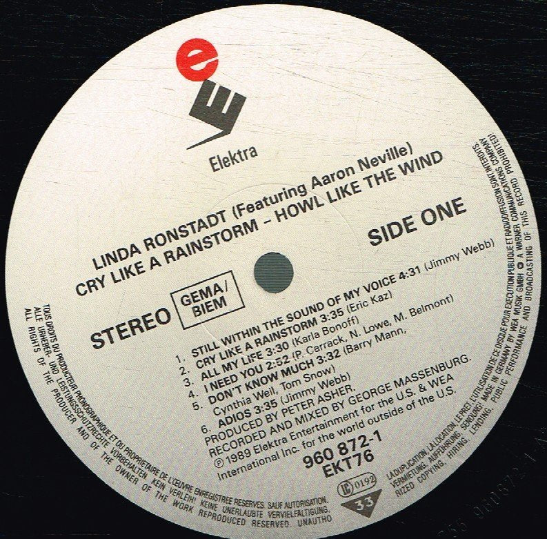 Linda Ronstadt Featuring Aaron Neville - Cry Like A Rainstorm - Howl Like The Wind - Lp