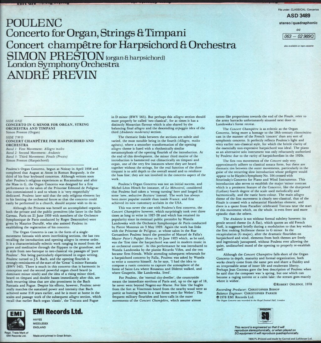 Simon Preston / Andre Previn / London Symphony Orchestra - Poulenc - Concerto For Organ, Strings & Timpani / Concert Champêtre For Harpsichord & Orchestra - Lp