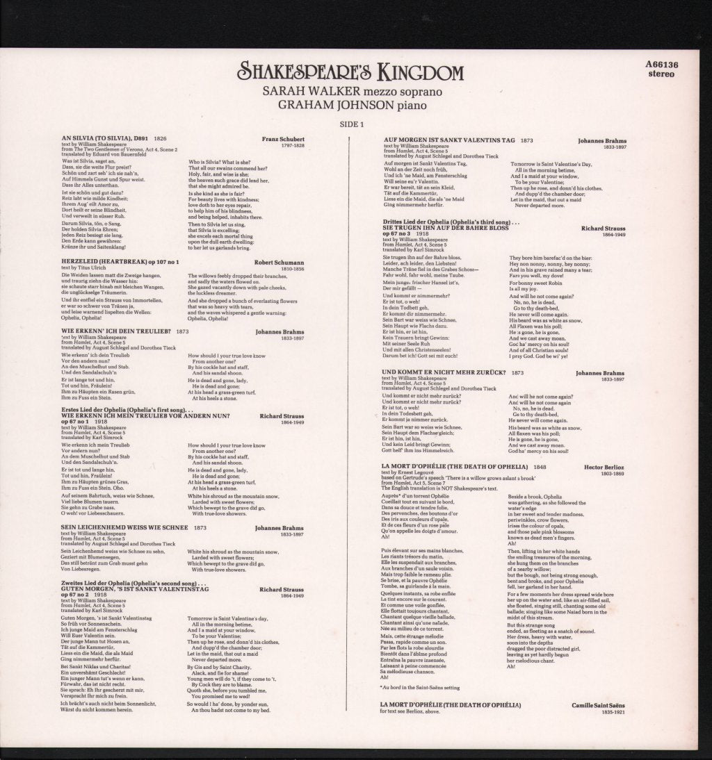 Sarah Walker / Graham Johnson - Shakespeare's Kingdom - Lp