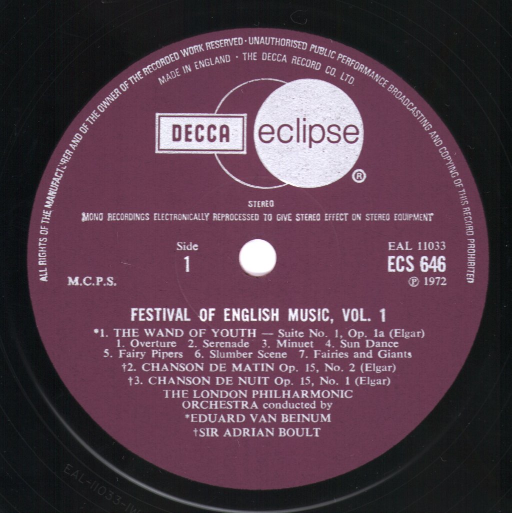 Sir Adrian Boult / Eduard van Beinum / London Philharmonic Orchestra - Festival Of English Music Vol 1 - Lp