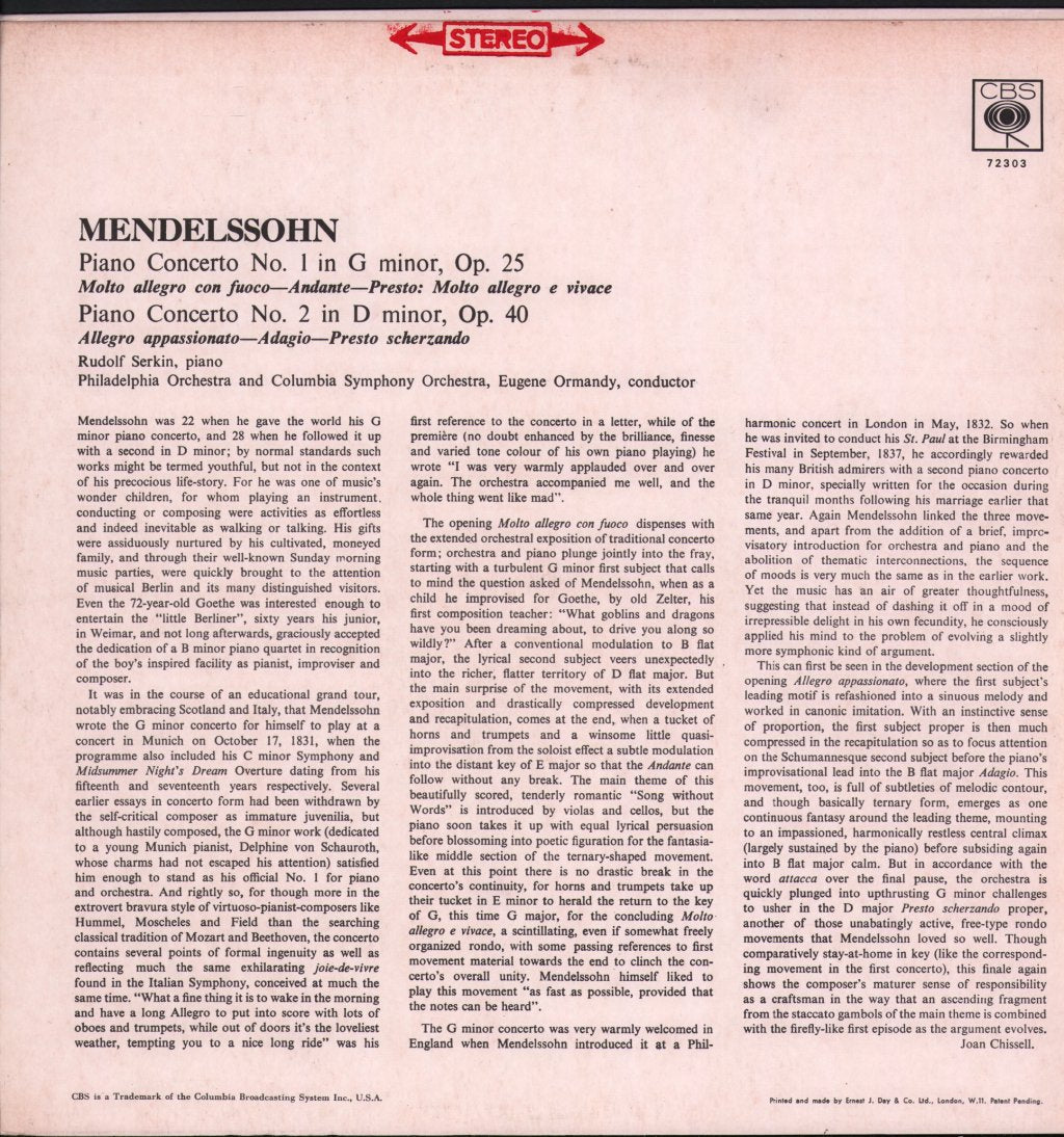Rudolf Serkin / Eugene Ormandy / Philadelphia Orchestra / Columbia Symphony Orchestra - Mendelssohn - Concerto No. 1 In G Minor / Concerto No. 2 In D Minor - Lp