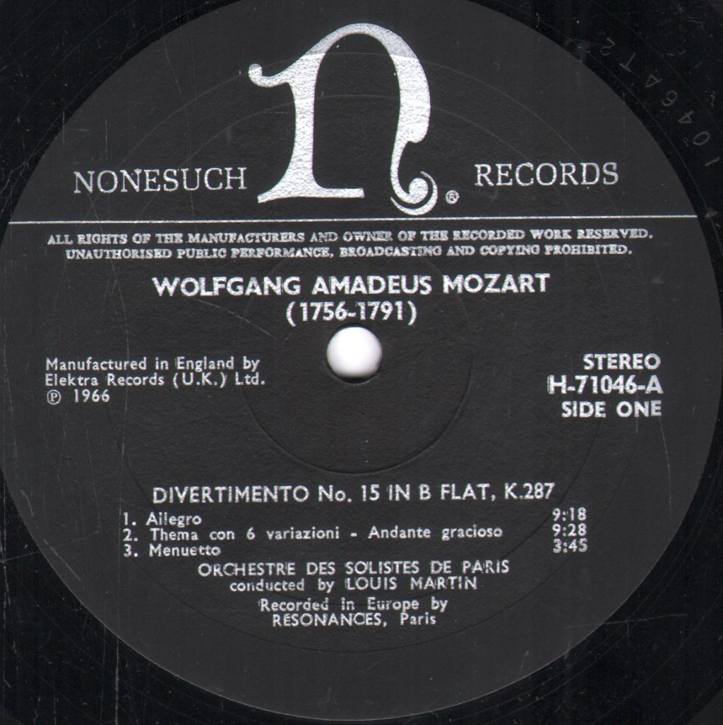 Orchestre des Solistes de Paris / Louis Martin - Wolfgang Amadeus Mozart - Divertimento No. 15 In B Flat For Two Horns And Strings, K.287 - Lp