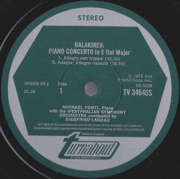 michael ponti westphalian symphony orchestra - balakirev Piano Concerto In E-Flat / liapunov Rhapsody On Themes From The Ukraine For Piano & Orchestra - Lp
