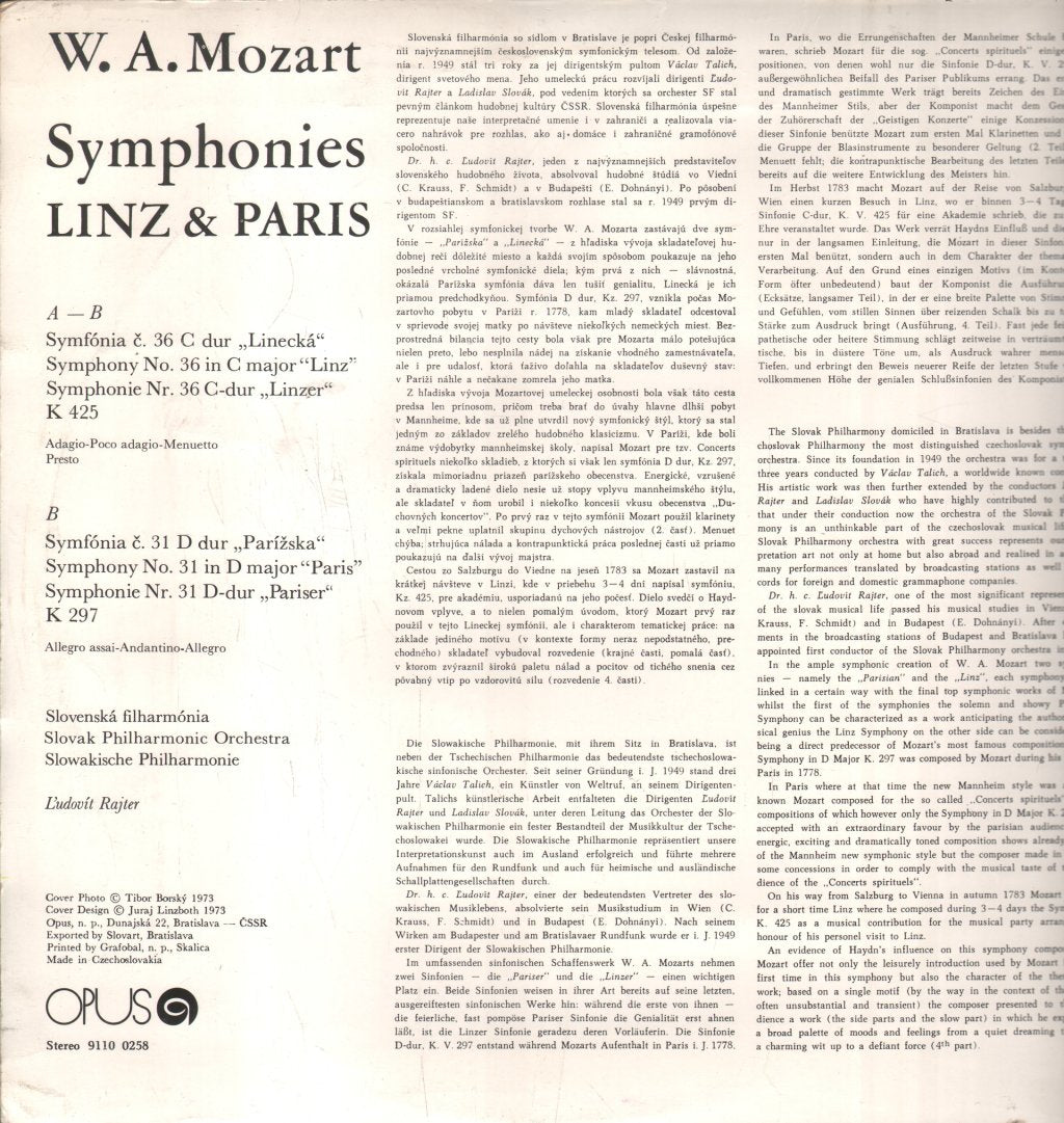 Ľudovit Rajter / Slovak Philharmonic Orchestra - W.A. Mozart - Symphonies Linz & Paris - Lp