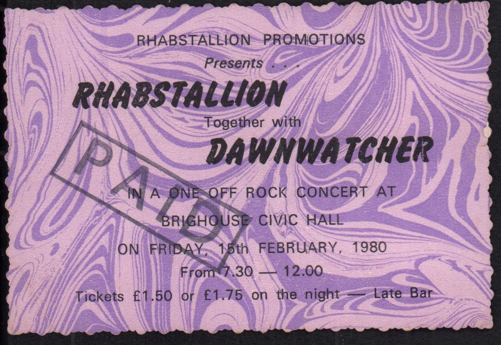 rhabstallion / dawnwatcher - brighouse civic hall 15th february 1980 - Ticket