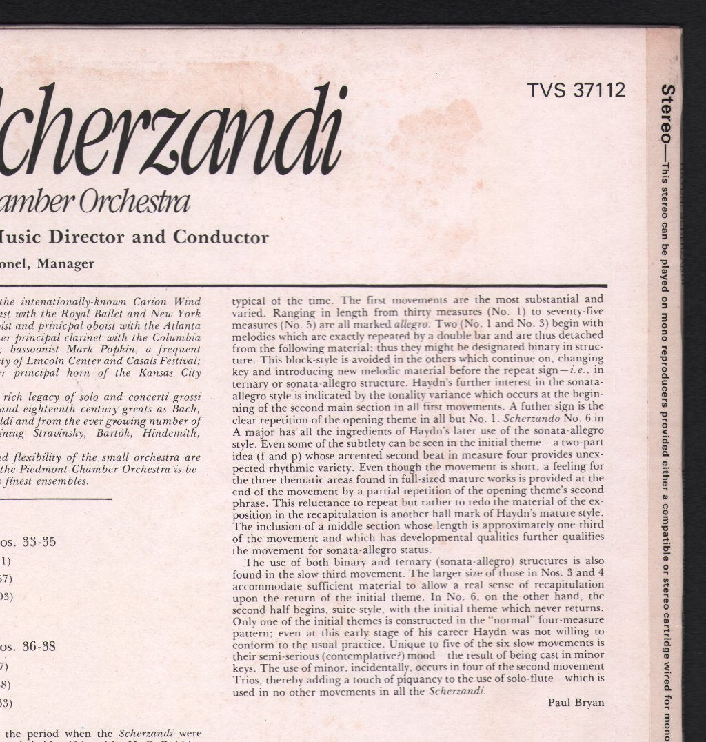 Piedmont Chamber Orchestra / Nicholas Harsanyi - Haydn - Scherzandi - Lp