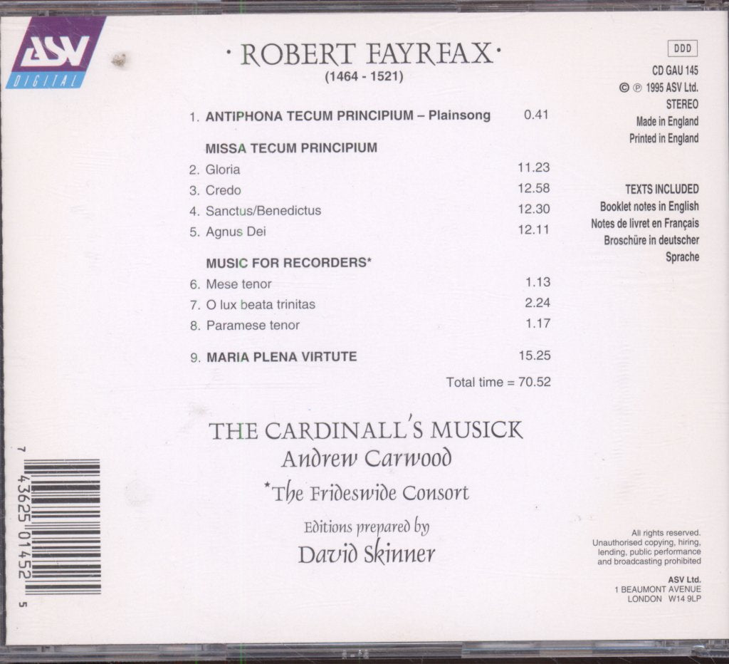 Cardinall's Musick, Andrew Carwood, David Skinner - Robert Fayrfax - Missa Tecum Principium; Maria Plena Virtute - Cd