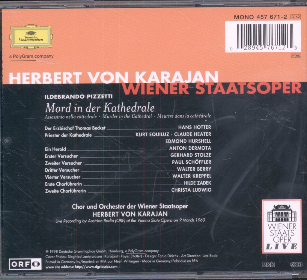 Orchester Der Wiener Staatsoper, Herbert Von Karajan - Pizzetti - Mord In Der Kathedrale - Double Cd