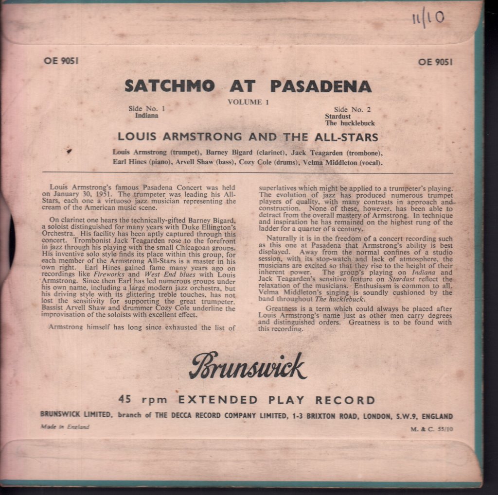 Louis Armstrong And His All-Stars - Satchmo At Pasadena (Volume 1) - 7 Inch
