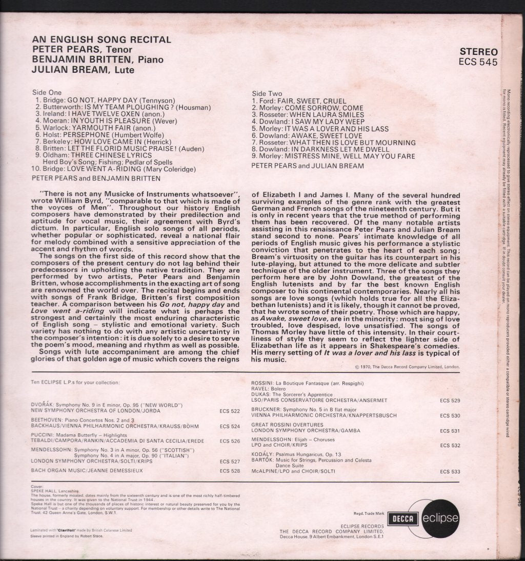 Pears Britten Bream - An English Song Recital - Lp
