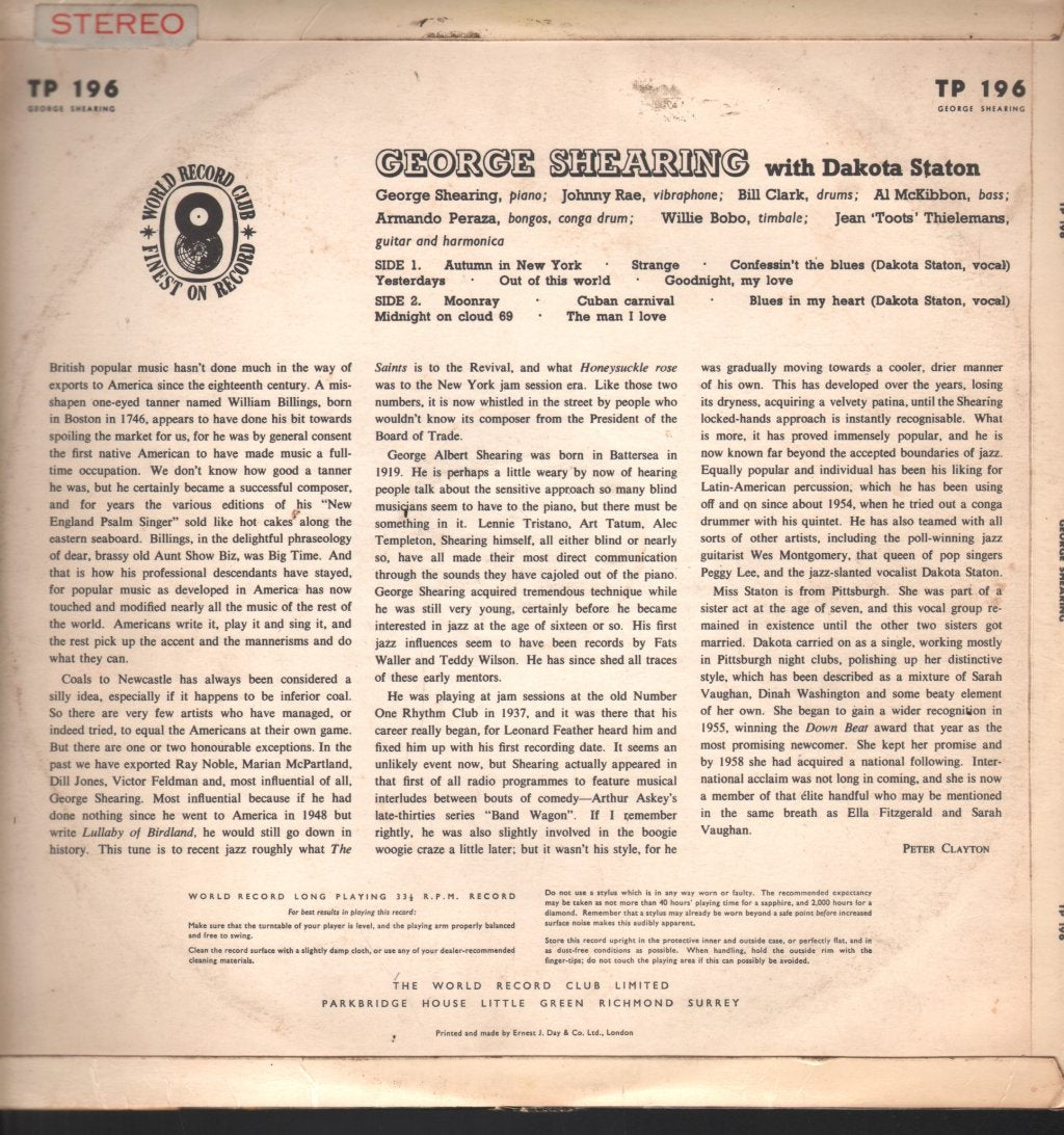 George Shearing - George Shearing With Dakota Staton - Lp