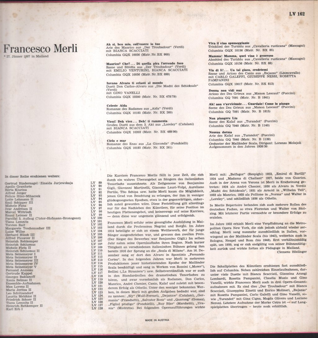 Francesco Merli - Lebendige Vergangenheit - Francesco Merli - Lp