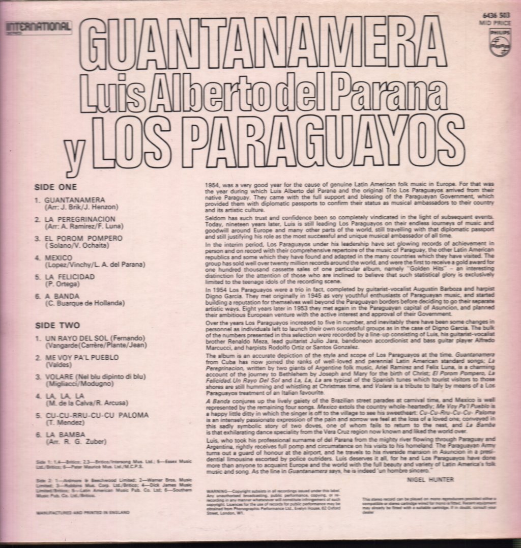 Luis Alberto Del Parana And His Los Paraguayos - Guantanamera - Lp