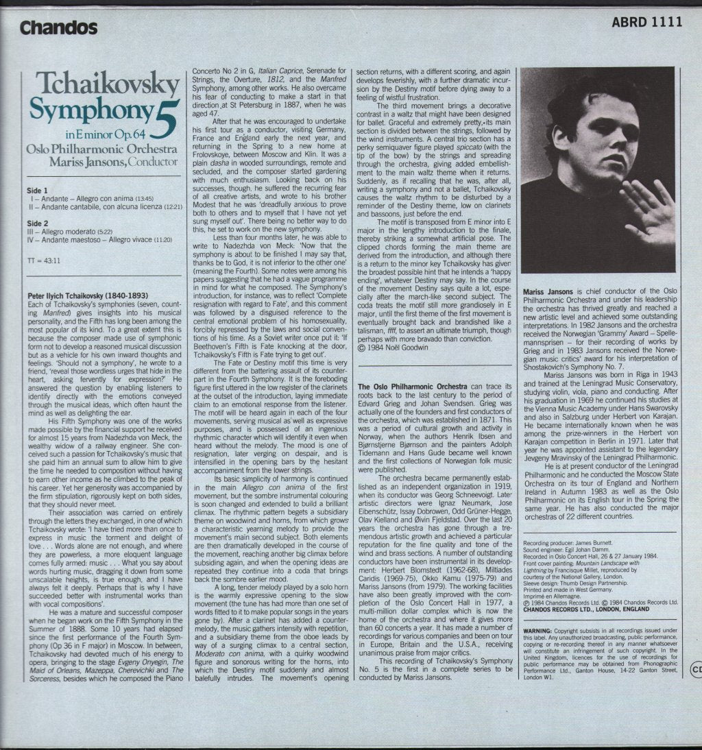 Oslo Philharmonic Orchestra / Mariss Jansons - Tchaikovsky - Symphony 5 In E Minor Op. 64 - Lp