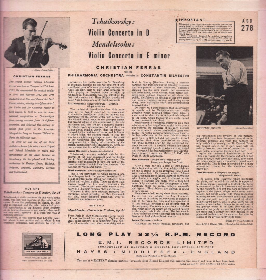 Philharmonia Orchestra - Tchaikovsky / Mendelsohn Violin Concerto - Lp