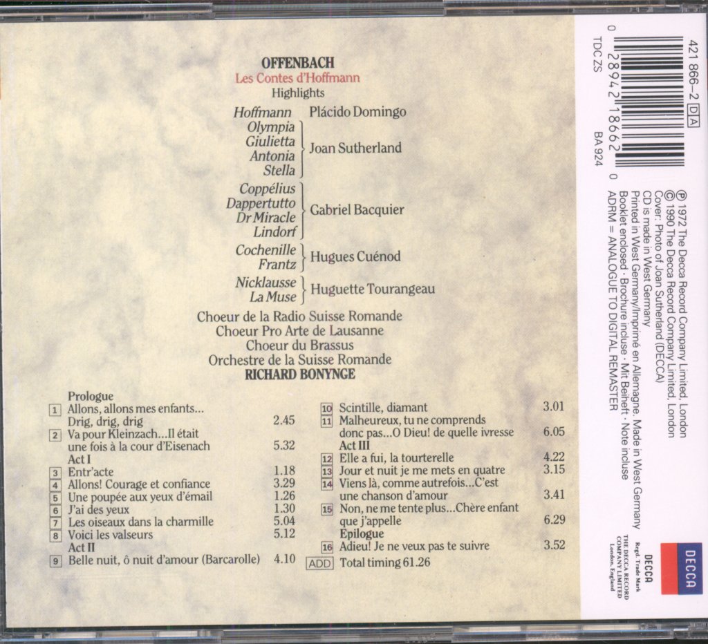 Joan Sutherland, Placido Domingo - Offenbach - Les Contes D'Hoffmann - Highlights - Cd