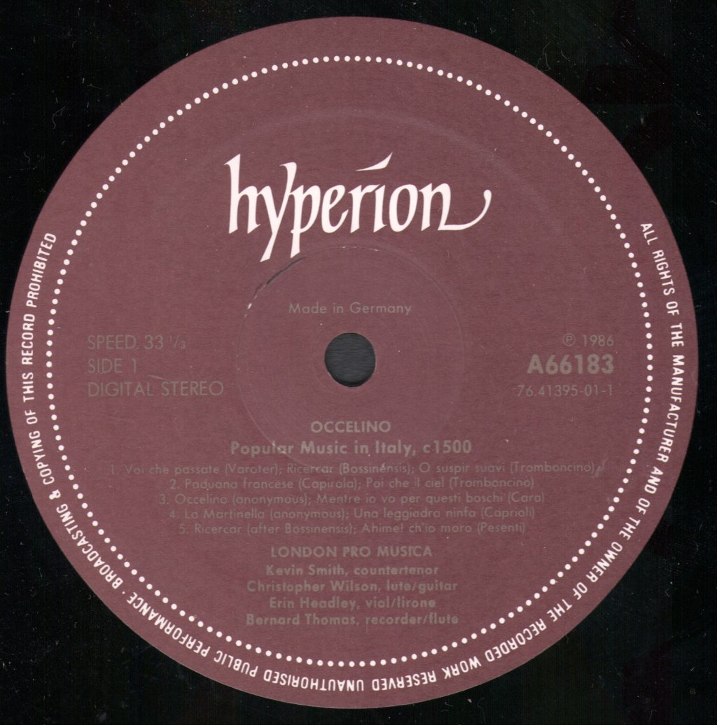 London Pro Musica / Kevin Smith / Christopher Wilson / Erin Headley / Bernard Thomas - Occelino - Popular Music In Italy, c1500 - Lp
