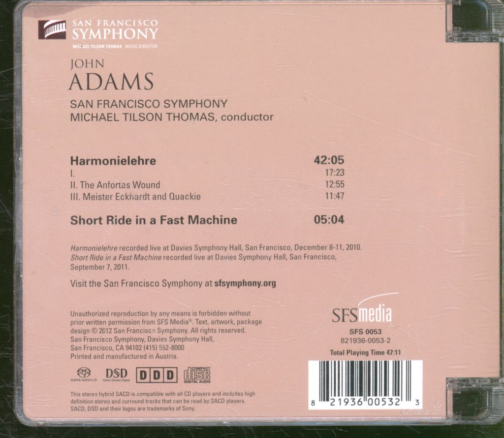 San Francisco Symphony, Michael Tilson Thomas - John Adams- Harmonielehre / Short Ride In A Fast Machine - Cd