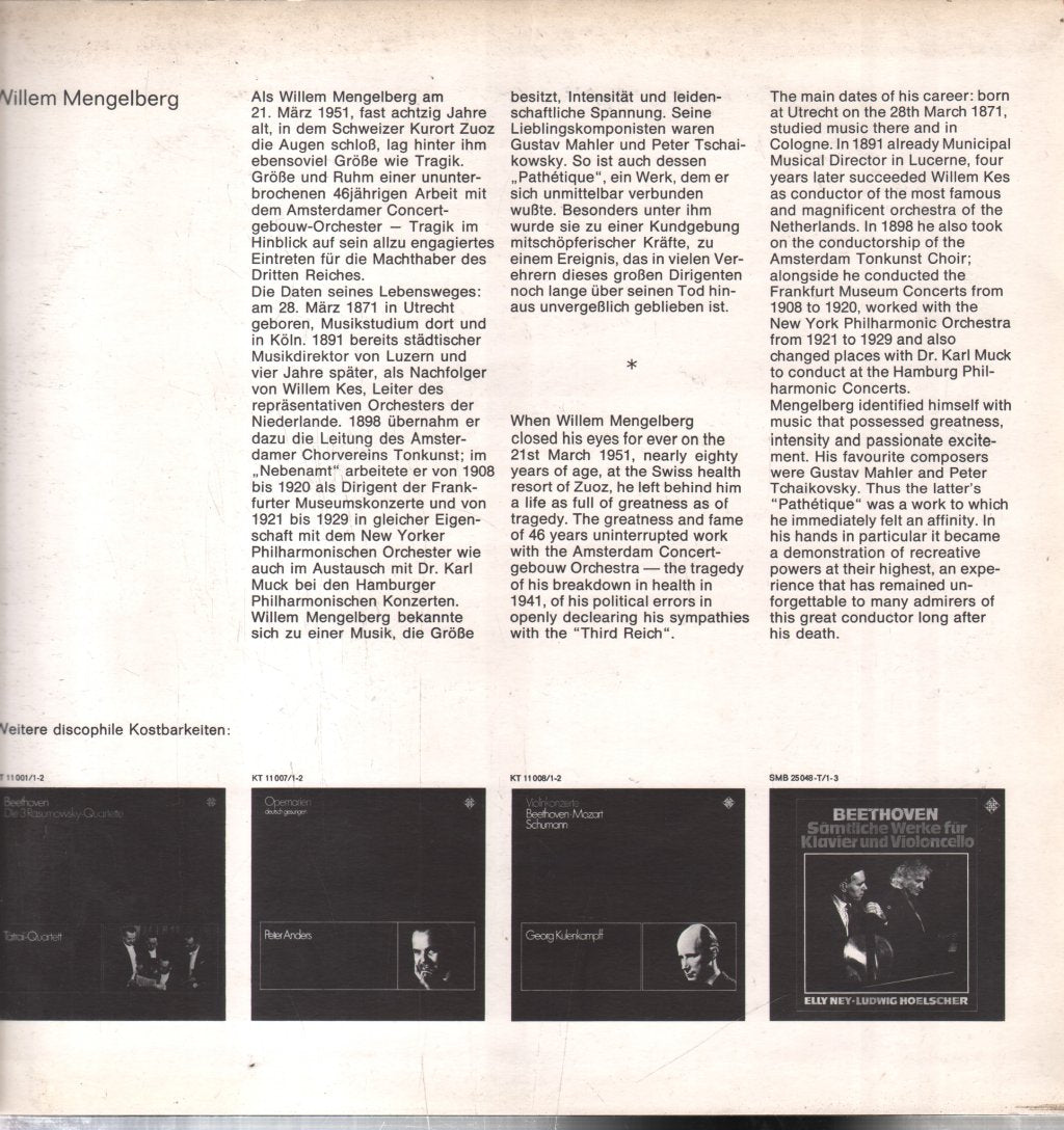 Willem Mengelberg / Berliner Philharmoniker / Concertgebouw Orchester Amsterdam - Tschaikovsky - Symphonie Nr. 6, "Pathetique" / Symphonie Nr. 5 - Double Lp