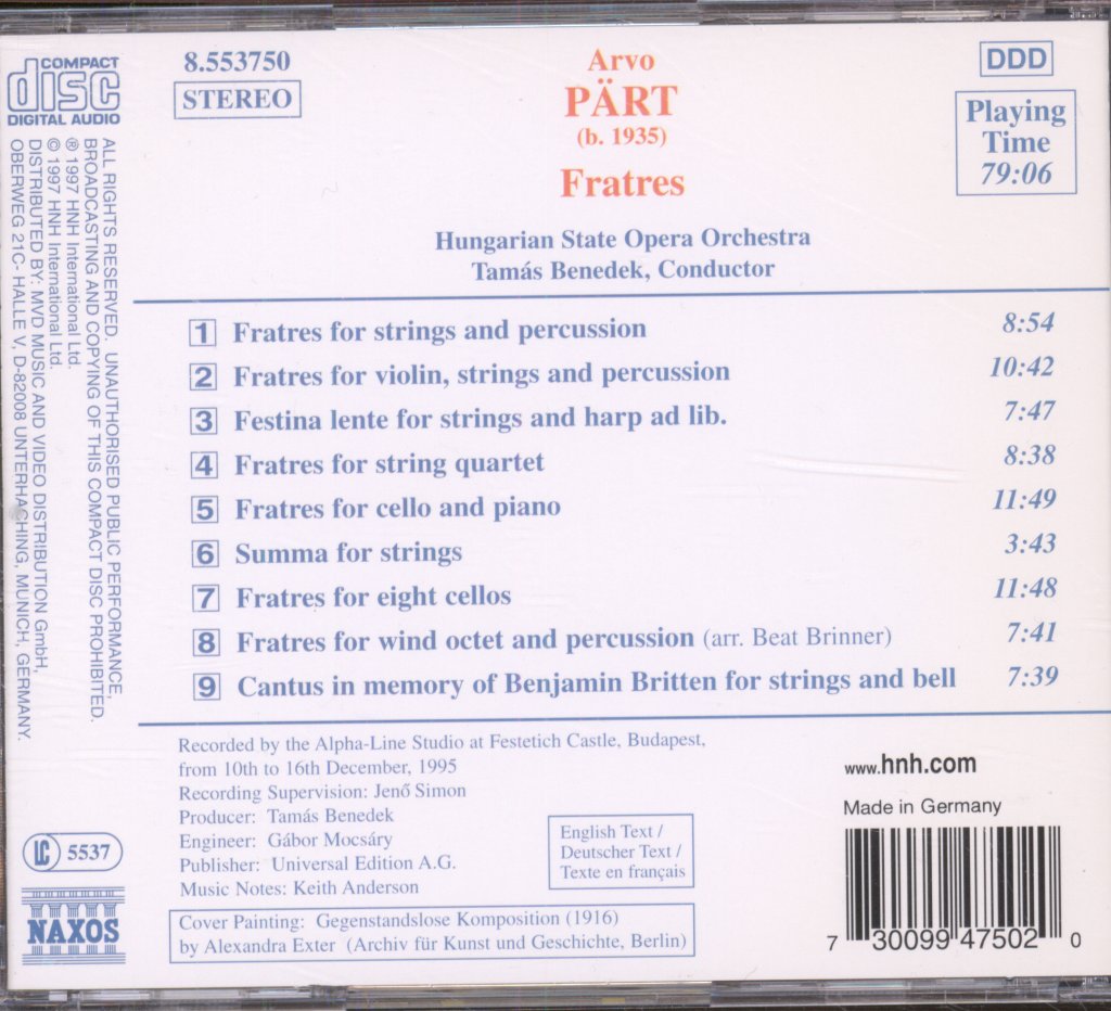 Hungarian State Opera Orchestra, Tamás Benedek - Arvo Pärt - Fratres • Festina Lente • Summa • Cantus In Memory Of Benjamin Britten - Cd