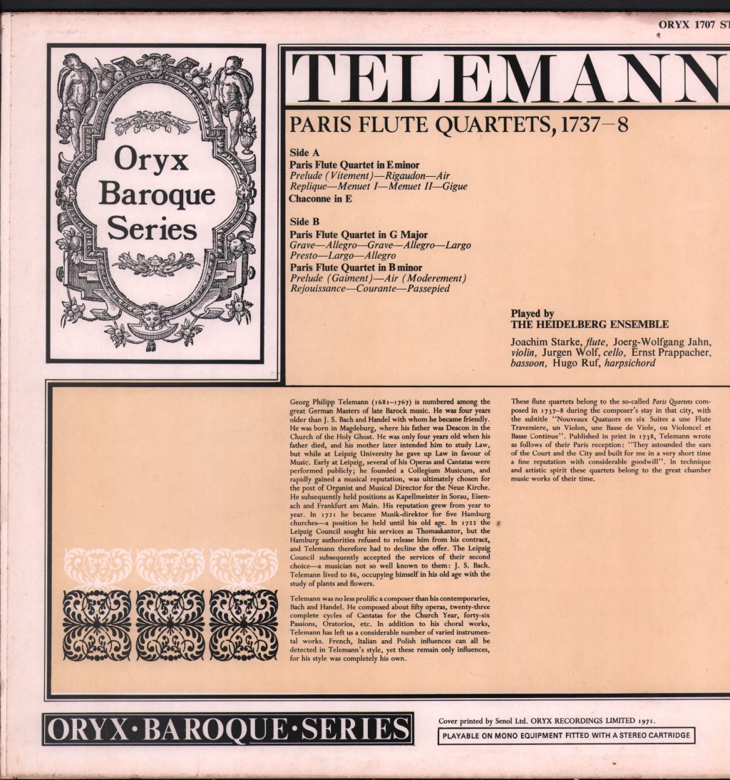 Heidelberg Ensemble - Telemann, Paris Flute Quartets, 1737-8 - Lp