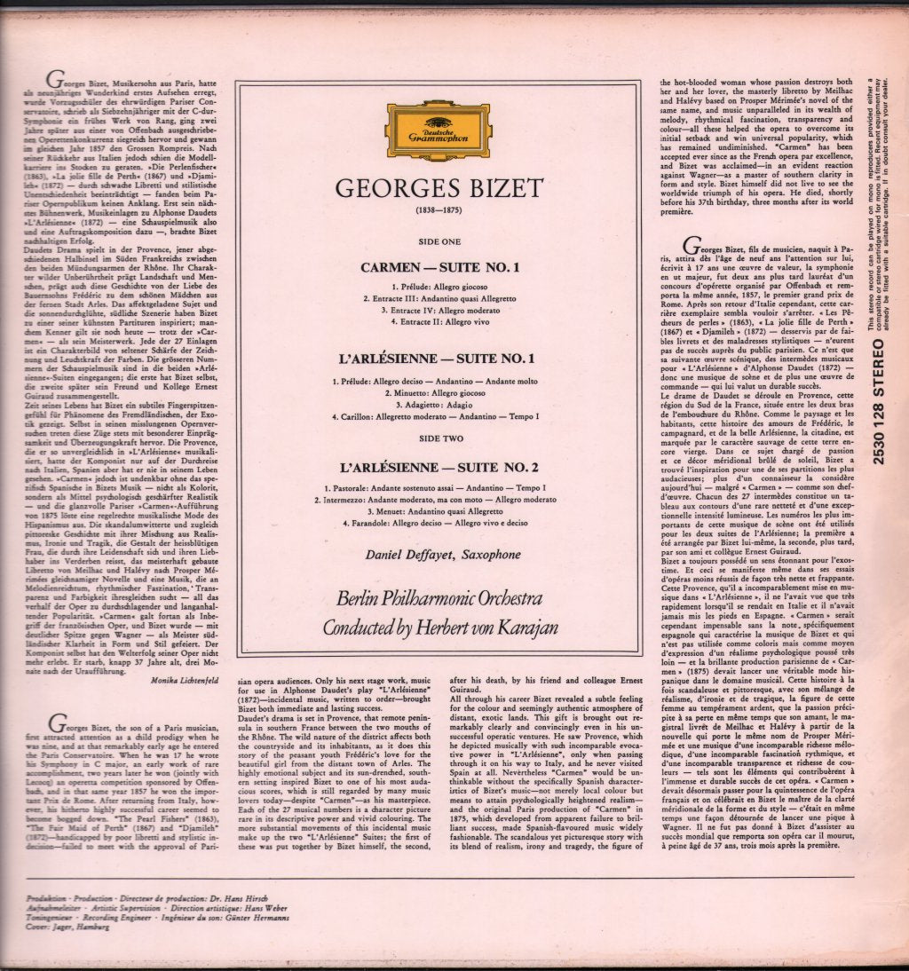 Herbert Von Karajan / Berlin Philharmonic Orchestra - Bizet - Carmen Suite 1 / L'Arlesienne Suites 1 And 2 - Lp