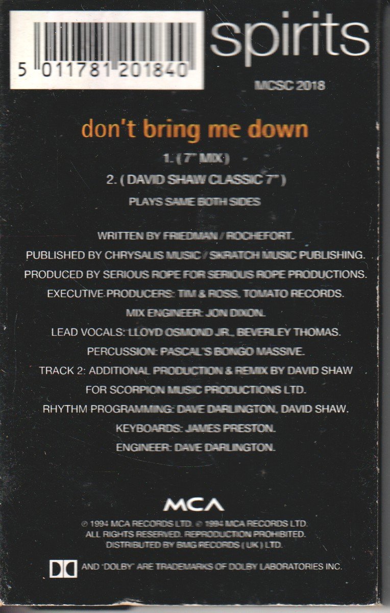 Spirits - Don't Bring Me Down - Cassette