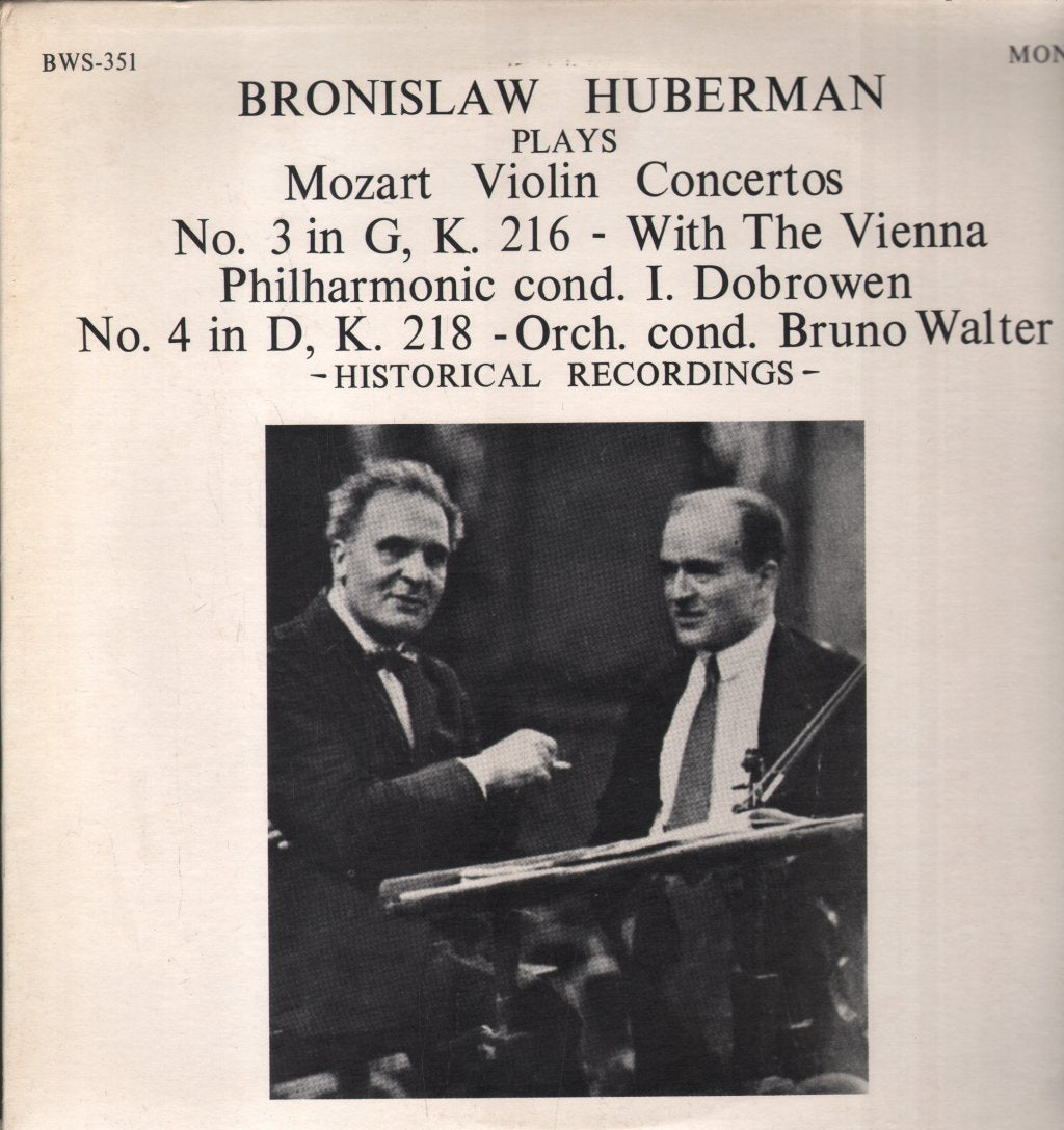 Bronislaw Huberman - Plays Mozart Violin Concertos - Lp