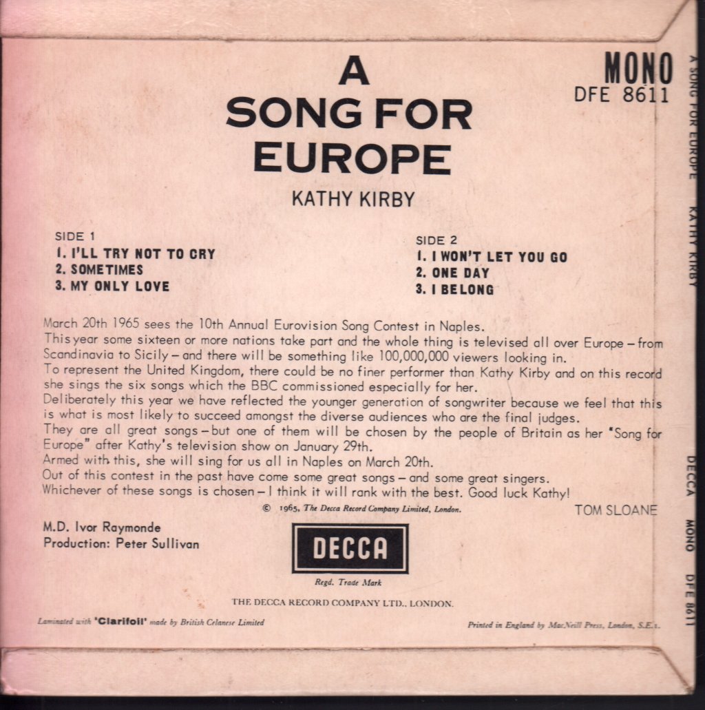 Kathy Kirby - A Song For Europe - 7 Inch