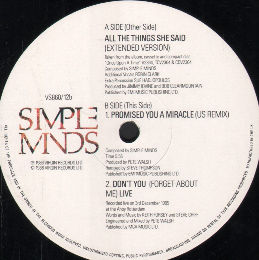 Simple Minds - All The Things She Said - 12 Inch