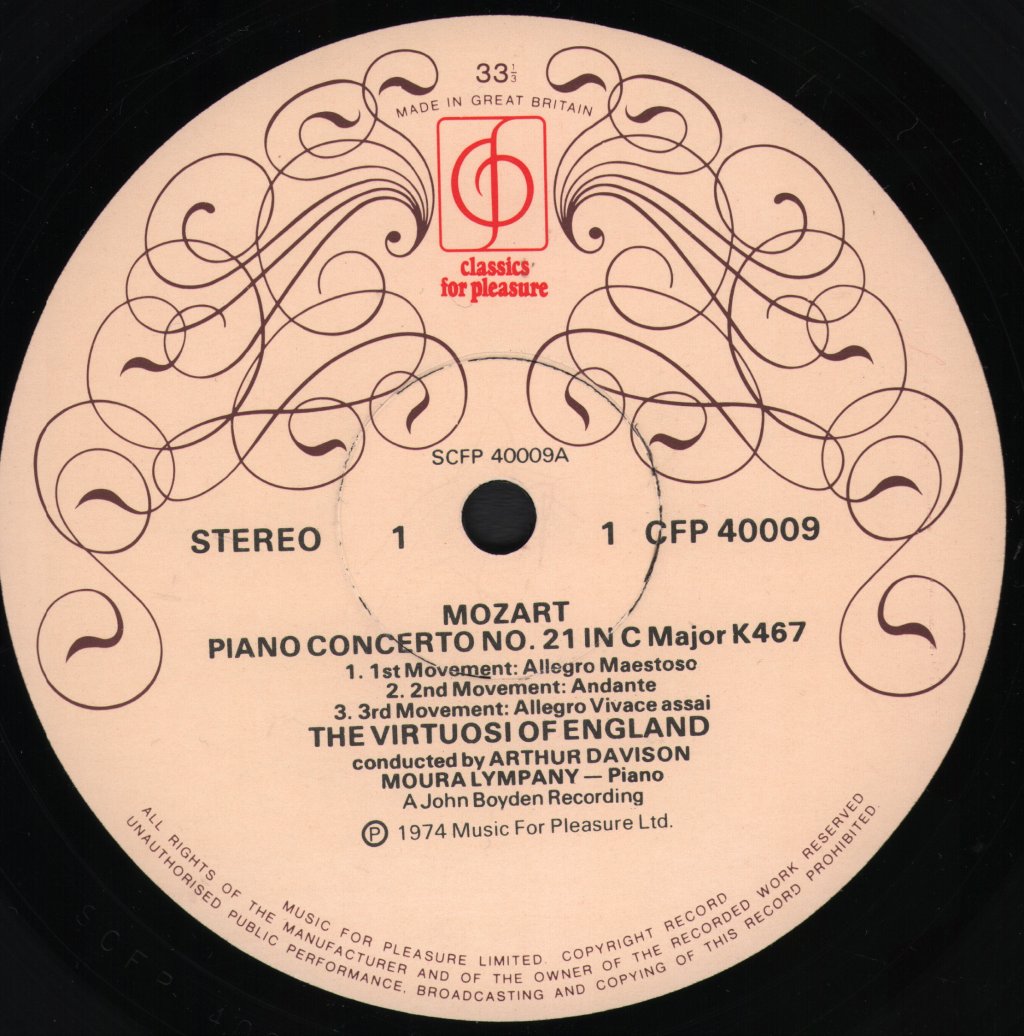Moura Lympany / Virtuosi Of England / Arthur Davison - Mozart - Piano Concerto No. 21 Elvira Madigan - Lp