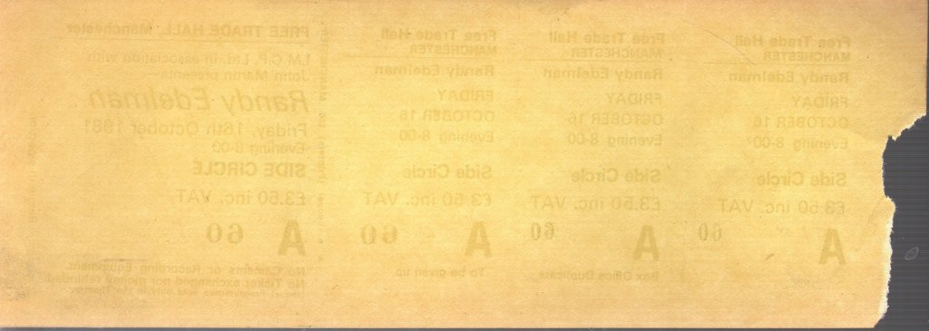 Randy Edelman - Free Trade Hall Manchester 16 October 1981 - Ticket