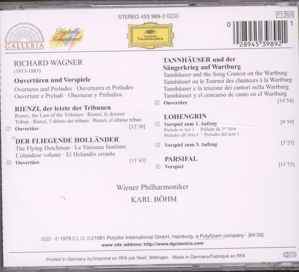 Wiener Philharmoniker, Karl Böhm - Wagner - Ouvertüren & Vorspiele (Der Fliegende Holländer · Tannhäuser ·  Lohengrin · Parsifal · Rienzi) - Cd