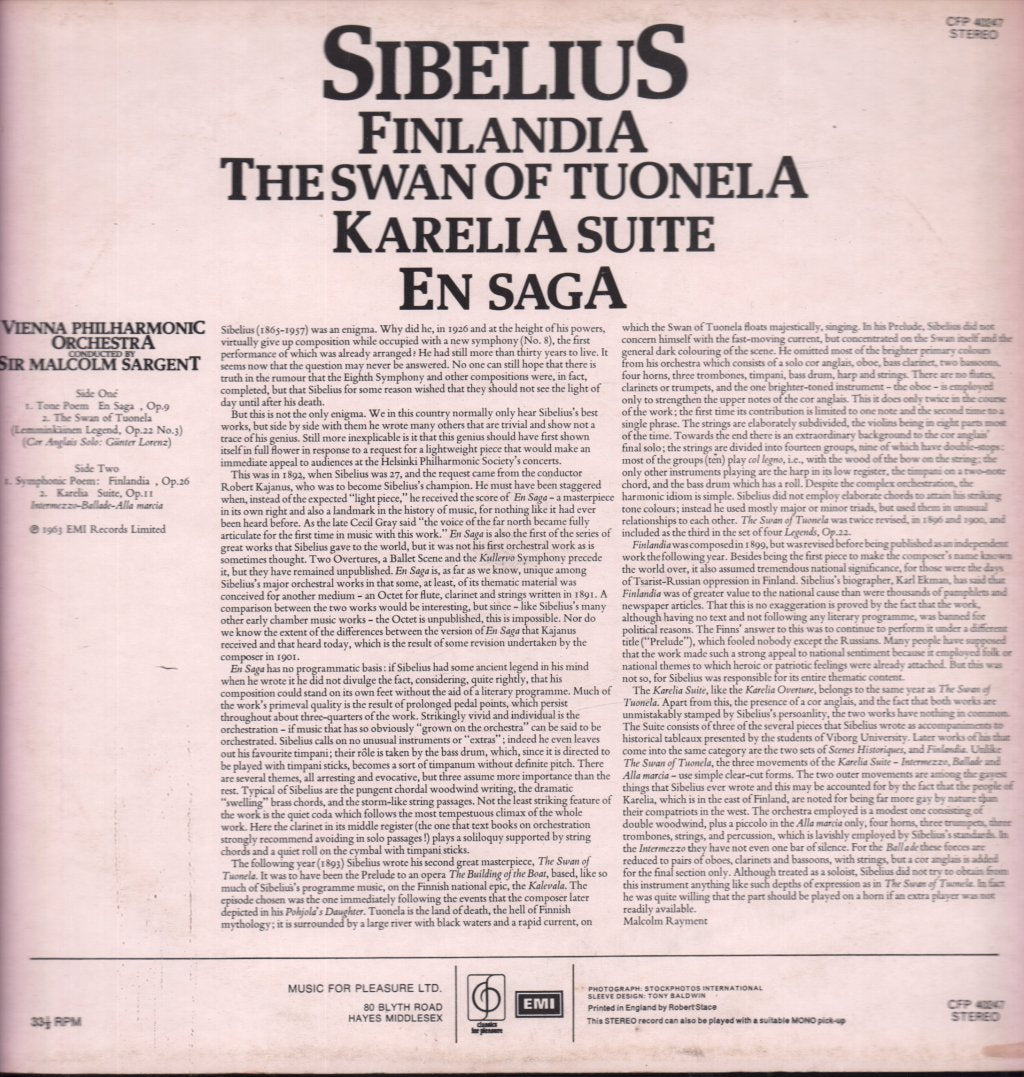 Sir Malcolm Sargent / Vienna Philharmonic Orchestra - Sibelius Finlandia / Swan Of Tuonela / Karelia Suite - Lp