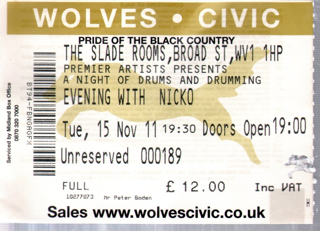 Nicko Mcbrain - Evening With Nicko - Slade Rooms, 15th Nov 2011 - Ticket