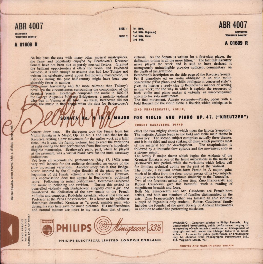 Zino Francescatti / Robert Casadesus - beethoven Kreutzer Sonata No 9 In A Minor - 10 Inch