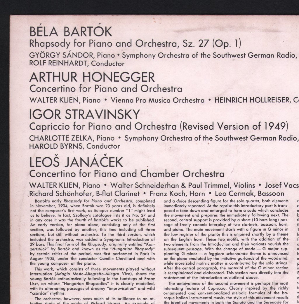 Walter Klien / Gyorgy Sandor / Charlotte Zelka - Janacek - Concertino For Piano & Chamber Orchestra / Honegger - Concertino For Piano & Orchestra - Lp